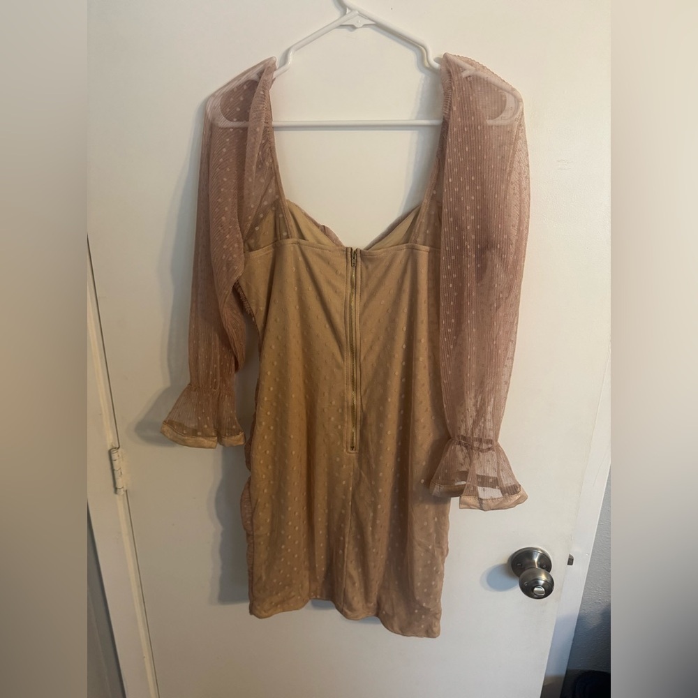 Haute Monde Tan Ruched Mini Dress with Sheer Long Sleeves Size Medium M - Picture 2 of 3
